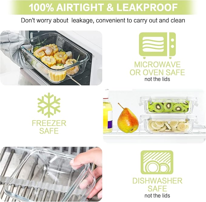 Bayco 10 Pack Glass Meal Prep Containers, Glass Food Storage Containers with Lids, Airtight Lunch Bento Boxes, BPA-Free & Leak Proof