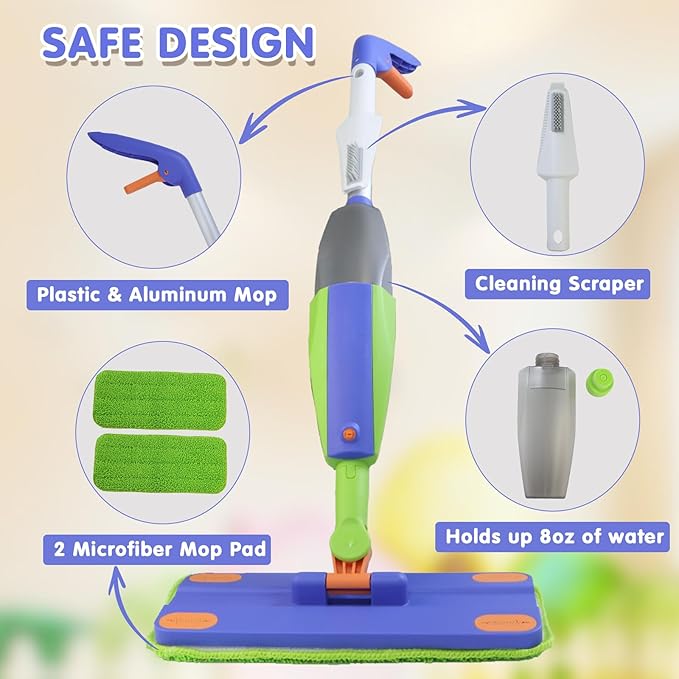 Kids Spray Mop that Really Works,Pretend Play Toddler Cleaning Set,Montessori Toys Cleaning Set for Ages 4-8, Water Sprayer & Scraper & 2 Washable Mop Pads, Housekeeping Toys Gifts for Kids Toddlers