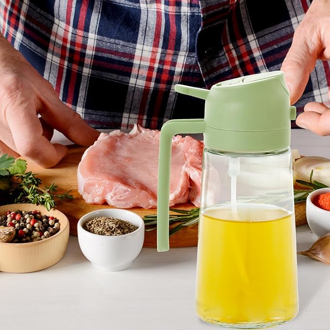 3PCS 2 in 1 Oil Dispenser and Sprayer,16oz/470ml Glass Olive Dispenser Bottle & Oil Spray Bottle,Oil Sprayer for Cooking,Kitchen,Salad,Barbecue,Air Fryer (Green)