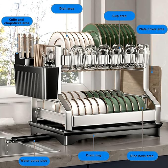 2Pcs Dish Drying Rack 2 Tiers, Stainless Steel Dish Drying Rack Stainless Steel Utensil Holder Large 2 Tier Dish Drainers for Kitchen Counter