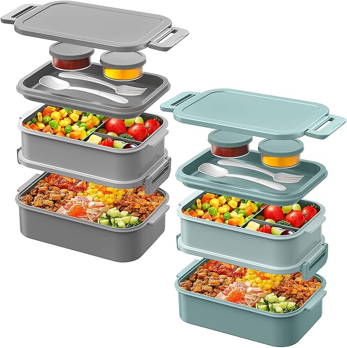 DaCool 2 Pack Adults Lunchbox Bento Box 74 OZ Stackable Lunch Box for Kids Adults Men Women Teens Leakproof Bento Large Lunch Box Container with Fork