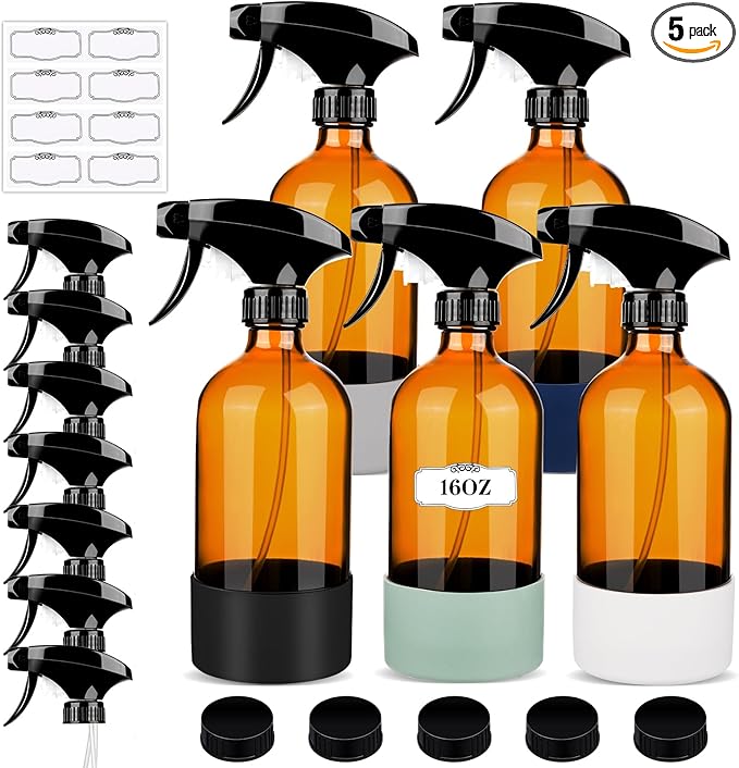 ZENOWICK 5 Pack/16 Oz Glass Spray Bottles, Refillable Empty Containers with Silicone Sleeve, Upgraded Adjustable Nozzle Spray Bottle Sets for Cleaning, Essential Oils, Hair (Amber)