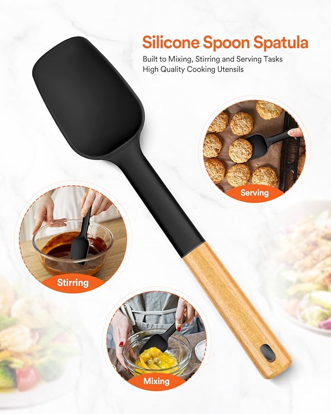 Silicone Spoon Spatula, Great For Scraping Bowls And Scooping Batter, Sturdy Bpa-Free Matte Silicone, Wooden Handle Rubber Spatula For Nonstick Cookwares (BLACK)