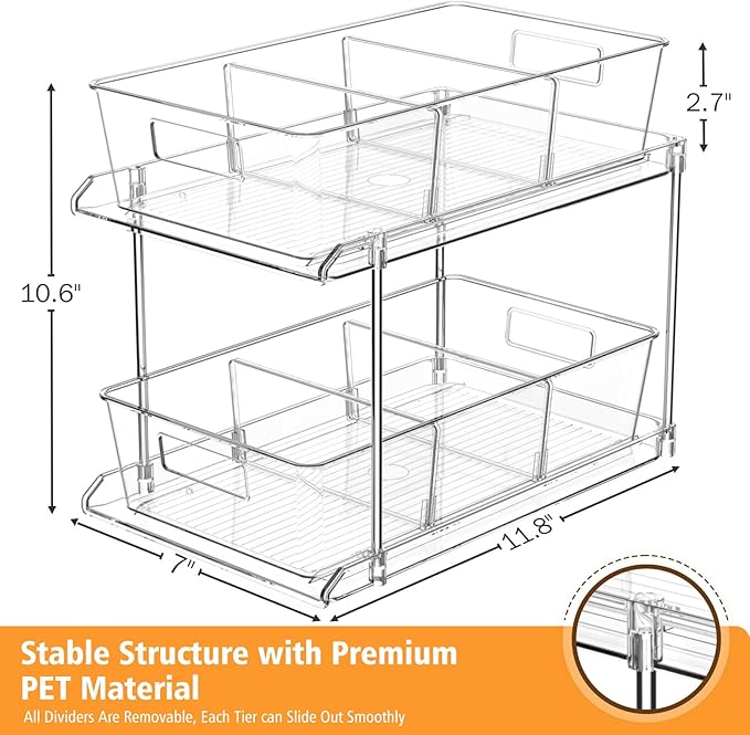 Pull-Out Home Organizers, 2 Tier Clear Bathroom Organizer with Dividers