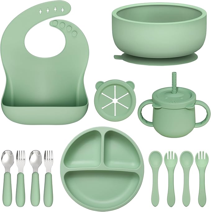 13 Pack Silicone Baby Feeding Set, BPA-Free Baby LED Weaning Supplies, Include Suction Plates, Bowls, Silicone and Stainless Steels Fork & Spoon, First Stage Infant Food Eating Utensils - 6+ Months