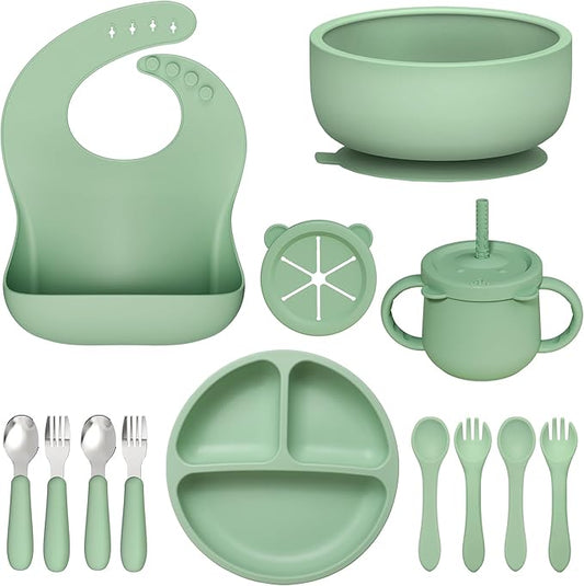 13 Pack Silicone Baby Feeding Set, BPA-Free Baby LED Weaning Supplies, Include Suction Plates, Bowls, Silicone and Stainless Steels Fork & Spoon, First Stage Infant Food Eating Utensils - 6+ Months