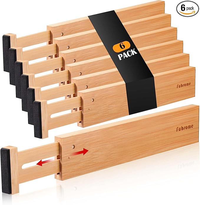 Fabsome Drawer Divider 6 Pack, Bamboo Dresser Organizers for Clothes Socks Underwear Baby Clothing