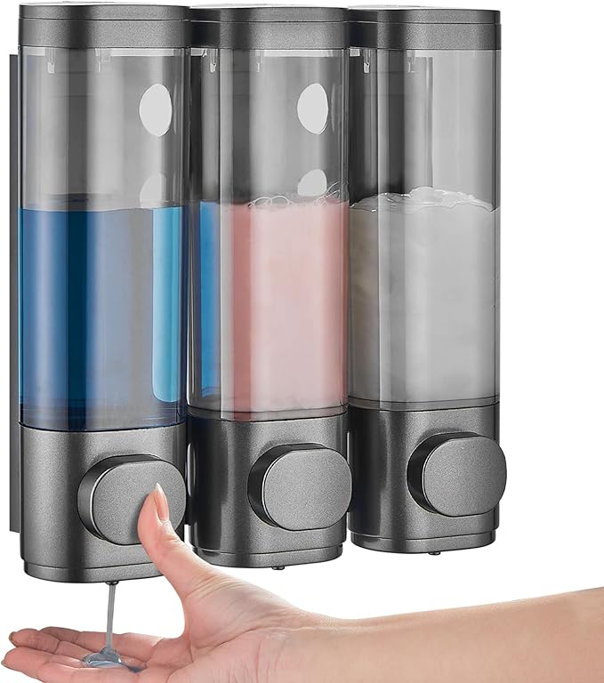 Shampoo and Conditioner Dispenser 3 Chamber No Drill,Shower Soap Pump Dispenser Wall Mounted,Body Wash Dispenser,Shower Gel Shampoo Holder for Bathroom Accessories,Gungrey