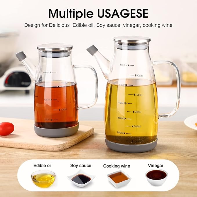 Glass Oil Dispenser Bottle - Glass Olive Oil Bottle for Kitchen, Wide Mouth Borosilicate Glass Cooking Oil Bottles with Lid and Handle,800ML/27oz
