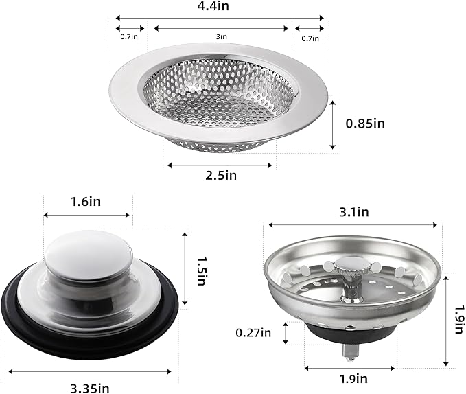 RQYEKDO 3-Pack Kitchen Sink Drain Strainer Stopper Set, Universal Anti-Clogging Stainless Steel Garbage Disposal Plug with Handle