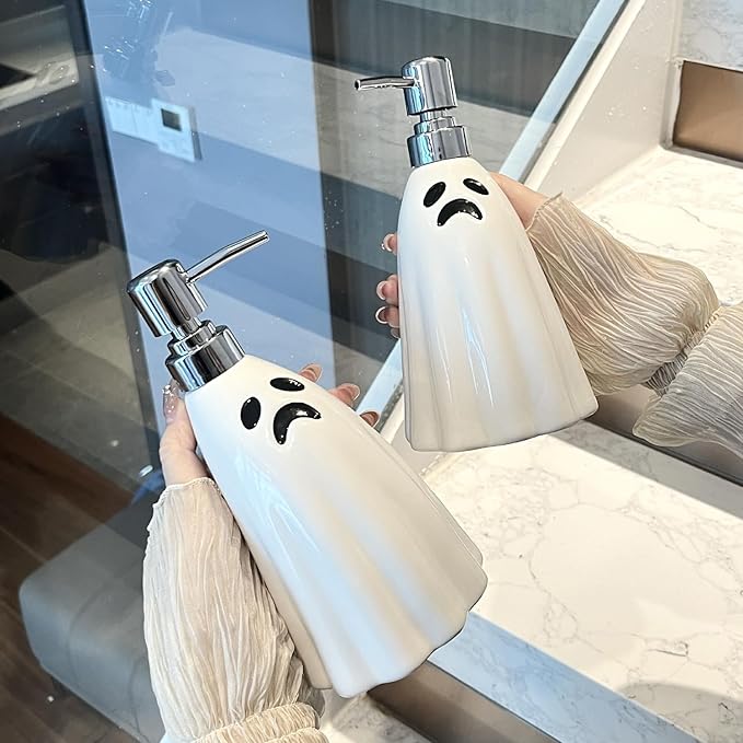 Cute Ceramic Ghost Soap Dispenser - 1pc Ghost Shape Lotion Bottle, Refillable Hand Liquid Soap Dispenser with Pump for Bathroom Decor, Dish Soap Bottle for Kitchen Countertop 400ml/13.5oz