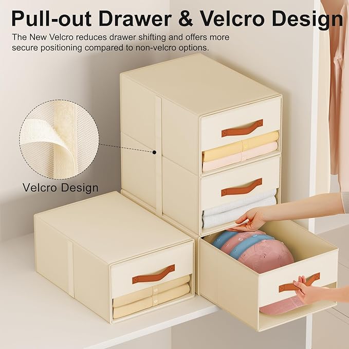 Stackable Storage Drawers - Pull Out Storage Bins with Drawers for Closet Clothes Organizers with Weekly Labels & Clear Window, Closet Shelf Storage for Bedroom, Living Room, 5 Pack, Beige