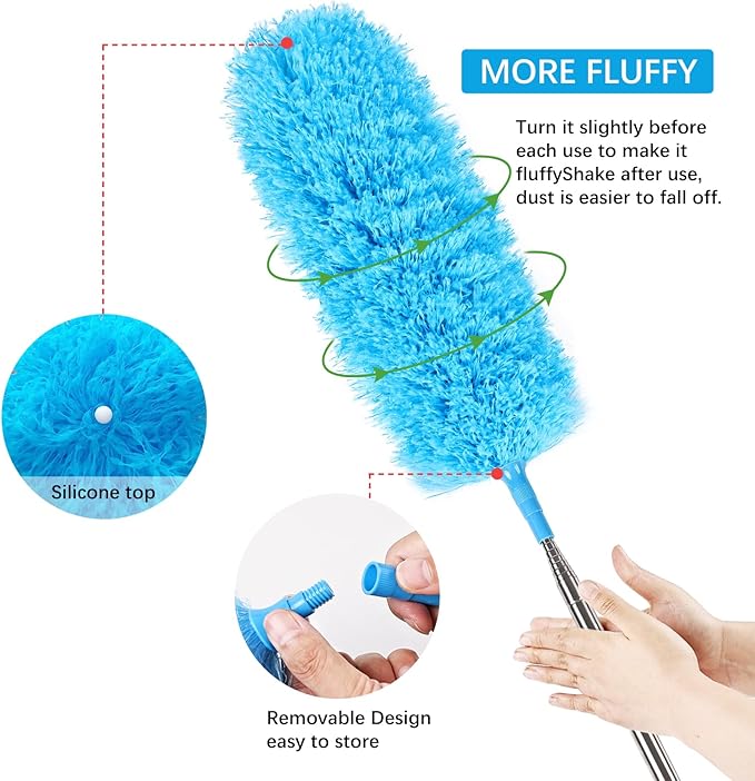 Rainbow Extendable Static Duster Reusable Microfiber Duster with 100" Telescoping Pole, Beandable and Washable Dusters Head for Cleaning Ceiling, Fan