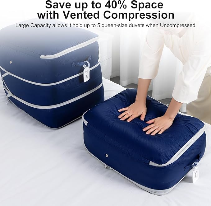 Comforter Storage Bag - Large Capacity Blanket Storage Bags 3-Layer Ultra Space Saving Self Compression Organizer, Washable Compression Bags for Storage Comforter Blanket, 8-Pack, Navy Blue