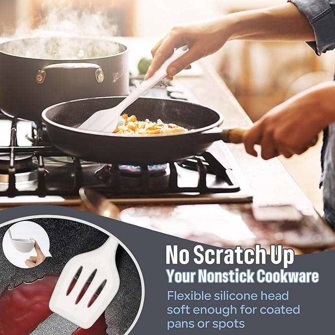 Silicone Kitchen Utensils Set, E-far 23 Pcs White Cooking Utensils Tools with Holder for Nonstick Cookware, Include Spatula/Spoon/Ladle/Tongs/Turner, Heat Resistant & Nontoxic, Dishwasher Safe