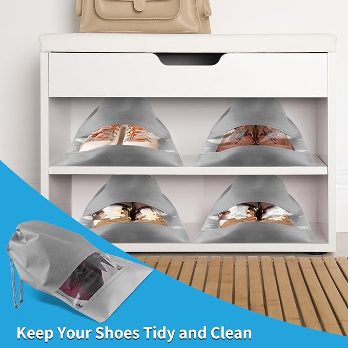 Large Gray Travel Shoe Bags, 10 Pcs with Clear Window, Non-Woven Drawstring