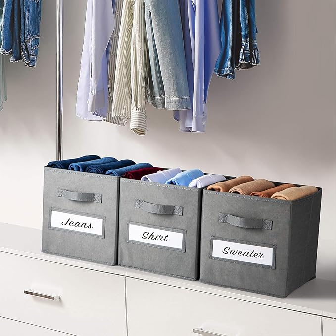 13x13x13 storage cube bins (Set of 10) Fabric storage cubes with 10 Labels, Gray