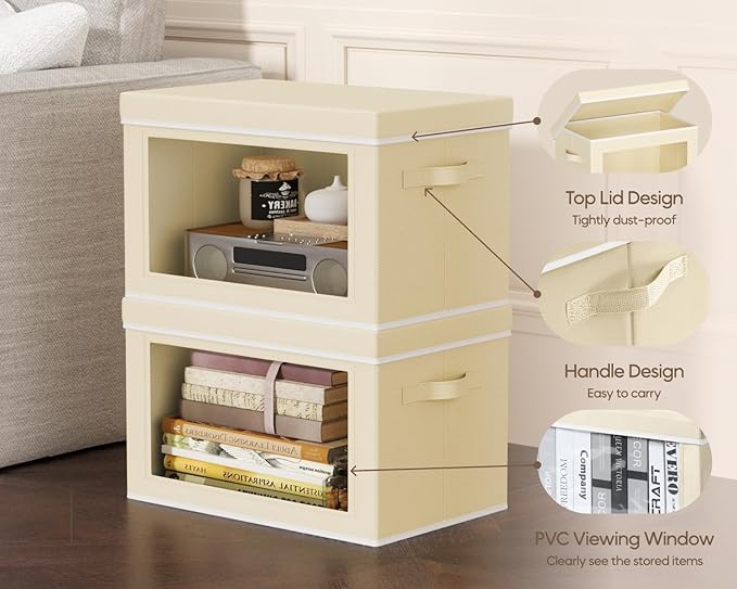 Homsorout Collapsible Storage Bins with Lids - Stackable Storage Boxes with Window, 15.7 Inch Fabric Organizing Bins for Closet, Home & Office Organization Baskets, Beige, 3 Pack