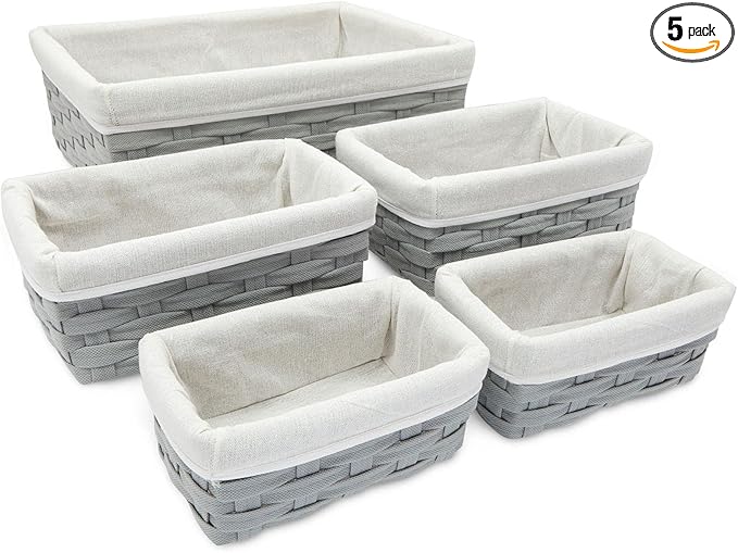 Wicker Nesting Baskets with Cloth Lining, 5-Pack Gray Rectangular Set