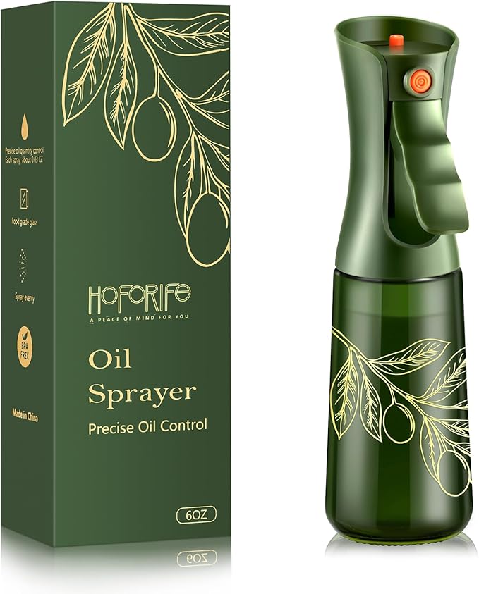 Glass Olive Oil Sprayer for Cooking, Oil Mister Continuous Cooking Spray with Portion Control for Kitchen 220ml/7.5 oz (Olive Green & Gold Print)
