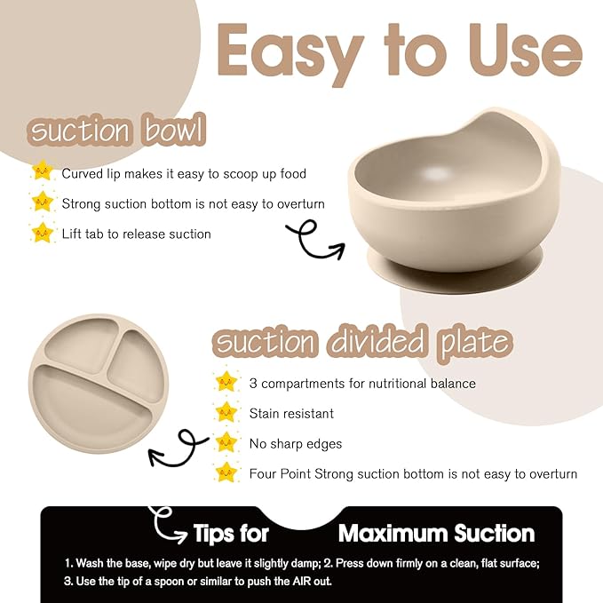 Baby Led Weaning Supplies, 8 Piece BPA-Free Silicone Feeding Set, Silicone Suction Bowl, Forks & Spoons, Bib & Cup, Develops Self Feeding Skills