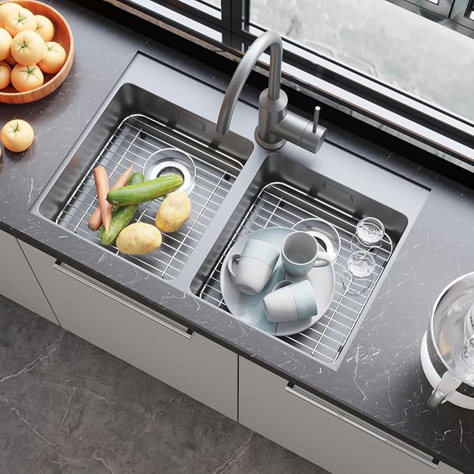 2Pack Stainless Steel Sink Protectors for Kitchen Sink, 13.12’’x11.6’’ Sink Protector Grid with Rear Drain