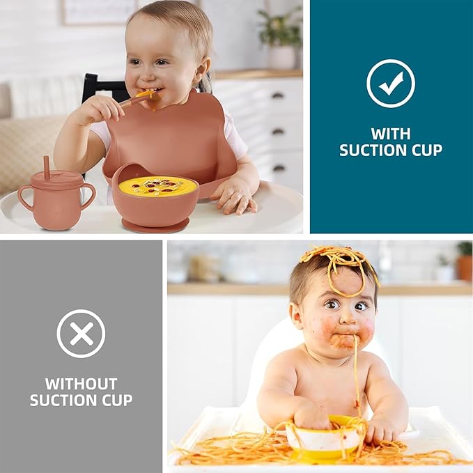 100% Silicone Baby Feeding Set, 9 Pcs: Bib, Divided Plate, Bowl, Sippy Cup, Spoons & Forks (Carrot)