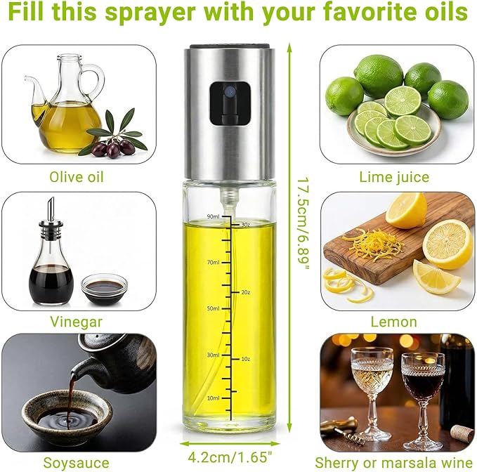 2 Pack Oil Sprayer for Cooking, Upgraded Olive Oil Sprayer Mister with Scale, Refillable Glass Oil Spray Bottle, Air Fryer Accessories for Kitchen, Salad, BBQ, Baking