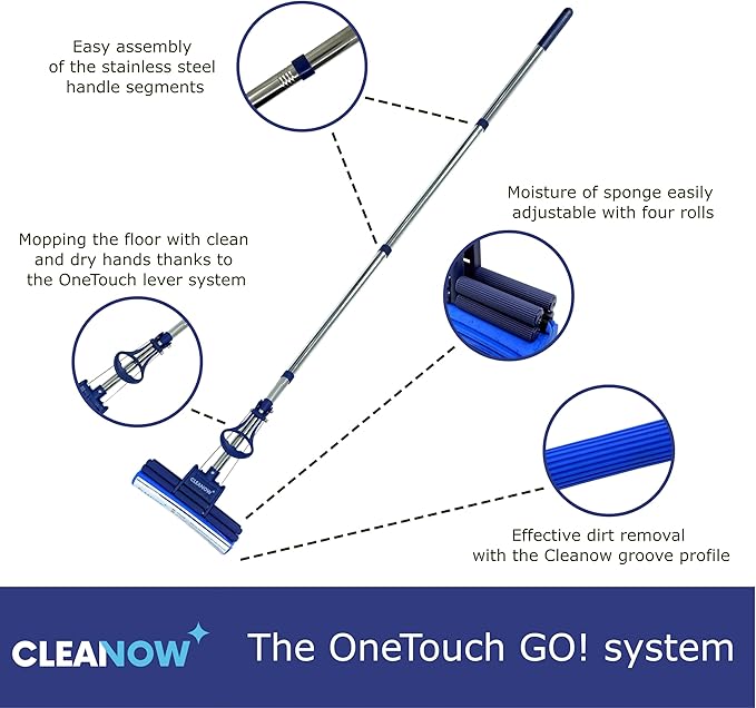 OneTouch GO! Floor Cleaner, Wring Mop, Cleaning Tool with Wringing Function - Sponge mop for Cleaning Floors- with PVA Sponge and Stainless Steel mop Handle