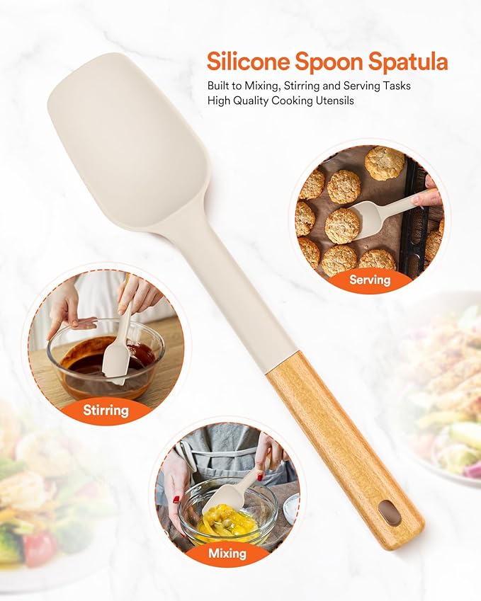 Silicone Spoon Spatula, Great For Scraping Bowls And Scooping Batter, Sturdy Bpa-Free Matte Silicone, Wooden Handle Rubber Spatula For Nonstick Cookwares (KHAKI)