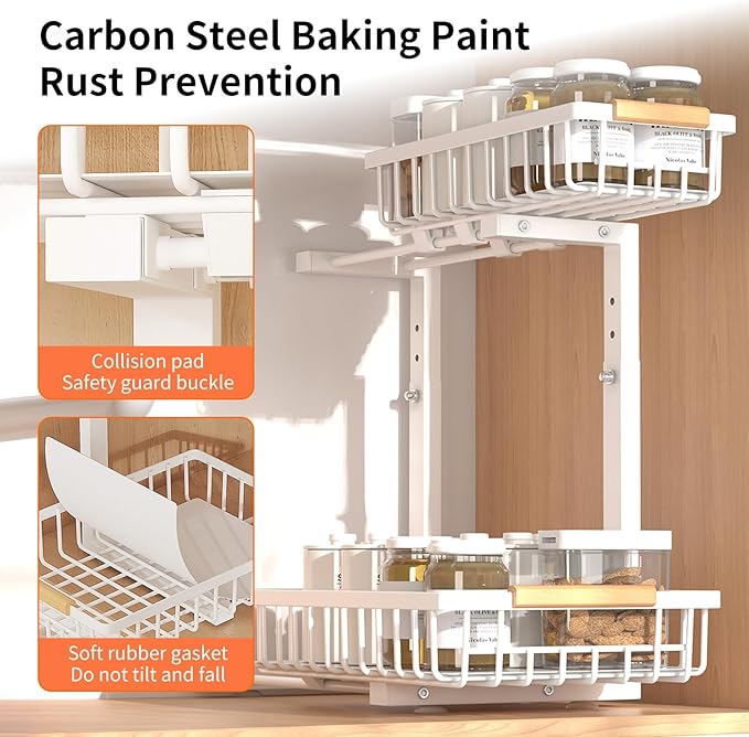 Under Sink Organizer, Under Sink Organizers and Storage, 2-Tier Pull Out Under Cabinet Organizer Storage Shelf, Metal Frame, Height Adjustable Rack for Bathroom Kitchen Pantry