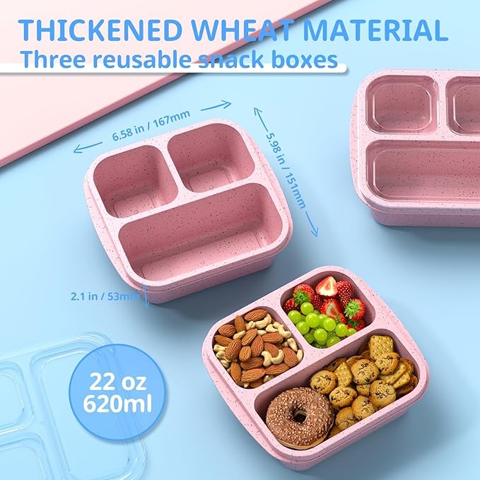Snack Boxes (3 Pack) - Stackable Bento Boxes with 3 Compartments, Meal Prep Containers Reusable, Lightweight Lunch Containers for Kids and Adults