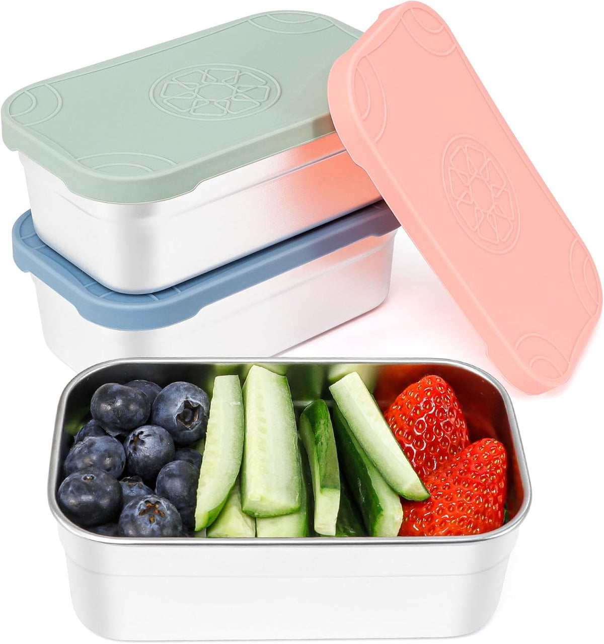 3-Pack Large Stainless Steel Snack Containers with Silicone Lids - 15oz Reusable Small Food Storage Deli Containers for Snacks & Meal Prep, Leak-Proof, Easy Open & BPA-Free (440ML)