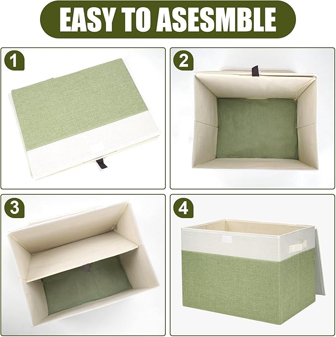 Large 17" 42 Quarts Collapsible Stackable Storage Bins with Lids [3-Pack] Foldable Fabric Linen Storage Boxes Cube