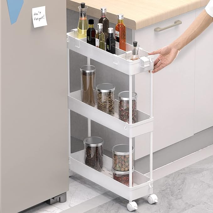 SPACELEAD Slim Storage Cart 3 Tier,Bathroom Organizer Rolling Utility, Mobile Shelving Unit Slide Out for Office, Kitchen, Laundry Room & Narrow Places,White
