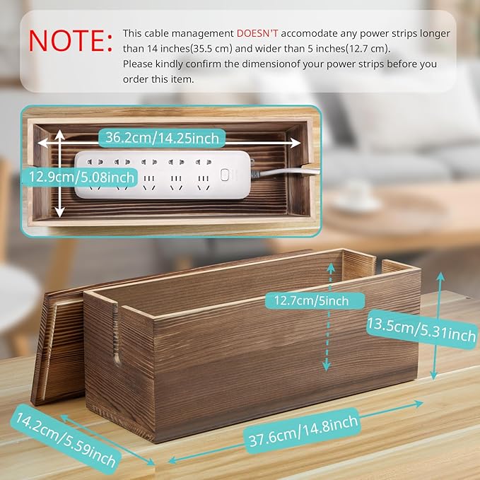 Large Cable Management Box, Burnt Wood Cord Organizer Box for Desk, Floor, Office to Hide Extension Cords Power Stripes Surge Protectors Chargers Wires