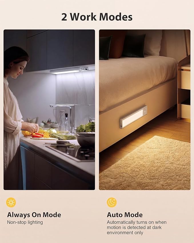 Abovizo 2 Pack Under Cabinet Lighting, 3 Color Temps, Battery Operated Motion Sensor Light Indoor, Dimmable Under Counter Lights for Kitchen Stairs Closet Pantry