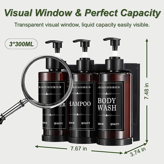 Shampoo and Conditioner Dispenser for Shower Wall, Body Wash Dispenser with 5 Waterproof Labels, No-Drill Wall Mounted Shower Soap Dispenser for Bathroom Decor Upgrade - Brown 3 Chamber