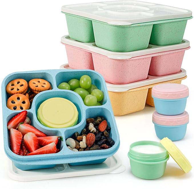 Caperci Original Lunchable Snack Containers for Kids & Adults - 5 Compartments Bento Snack Boxes with 4 Leakproof Small Containers, Wheat Straw