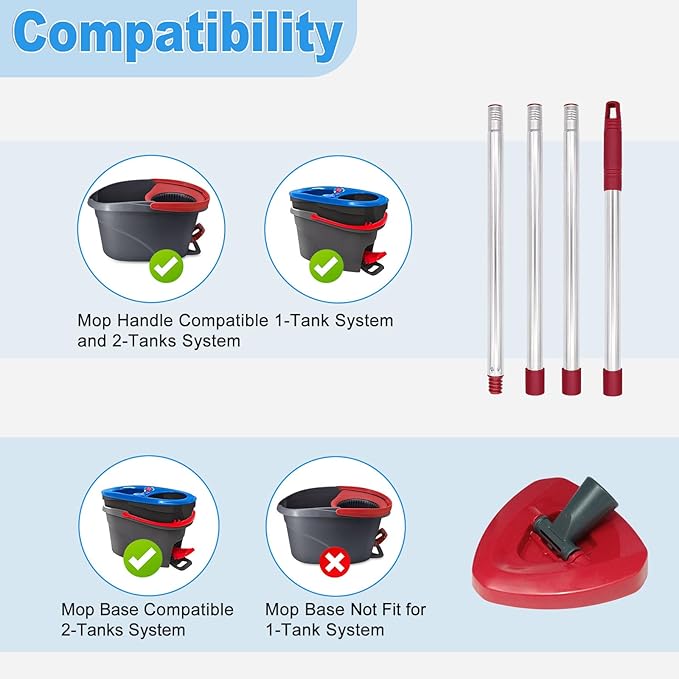 Mop Handle for Ocedar, Mop Handle for O Cedar, Spin Mop Replacement Handle for O Cedar, 4-Section Spin Mop Handles and Base for Ocedar, 30" to 58" Mop Stick Pole Handle and Base for Ocedar Spin Mop