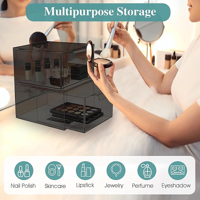 4 Pack Stackable Makeup Organizer and Storage, Black