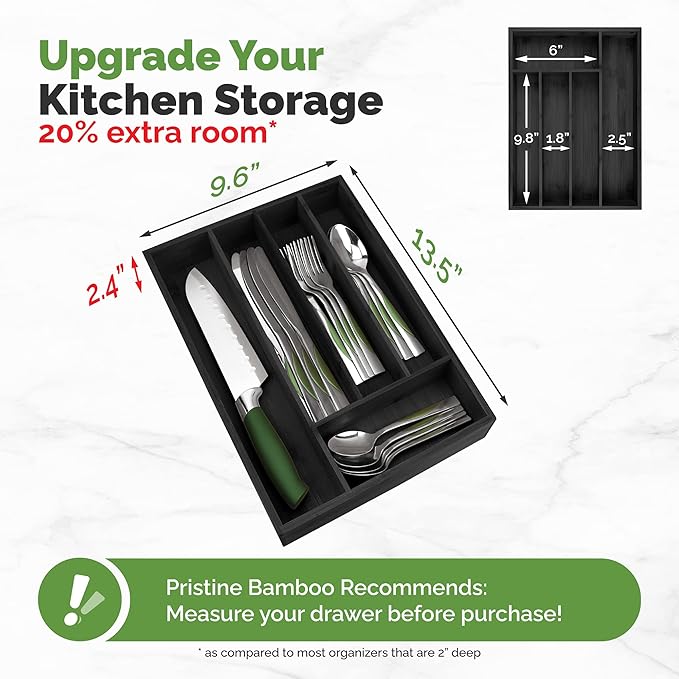 Pristine Bamboo Silverware Organizer, 5-Slots, Black