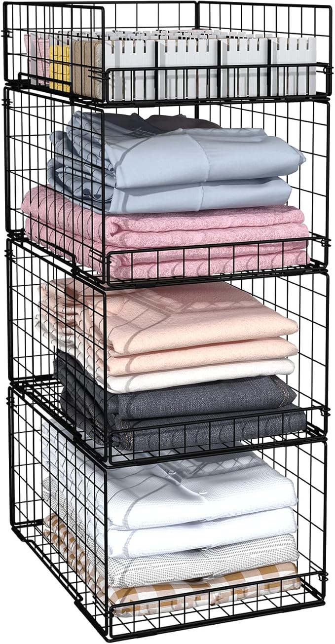 4 Pack Closet Organizers and Storage Shelves for Clothes, 4 Tier Stackable Closet Storage Basket Bin Container for Clothing Sweater Jean, Narrow, Foldable, Sturdy Metal System Organizer Shelf