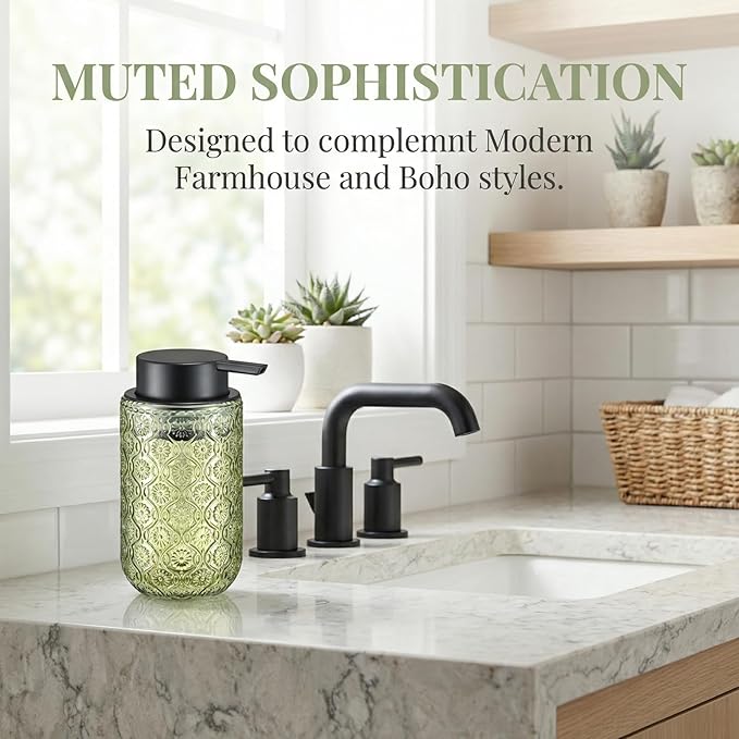 Green Glass Foaming Hand Soap Dispenser with Matte Black Pump Thick Embossed Bottle Refillable for Bathroom and Kitchen Decor 13.5 oz