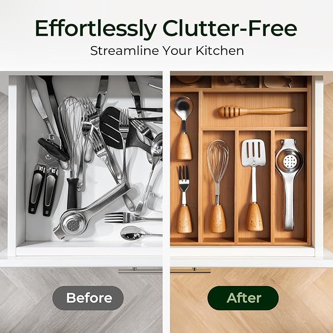 Carbonized Bamboo Kitchen Drawer Organizer, 8 Slots Silverware Organizer