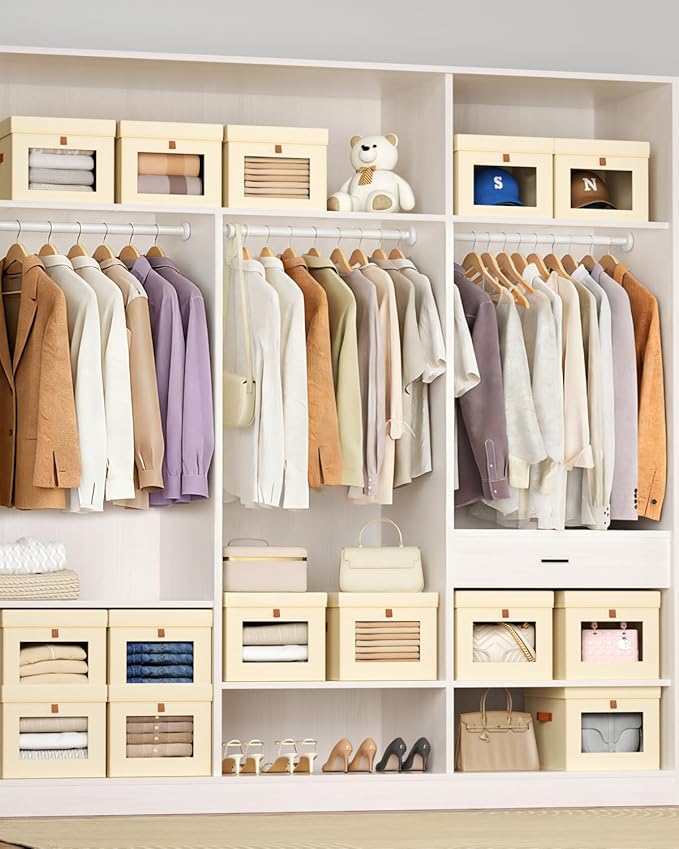 Homsorout Storage Bins with Lid – Closet Organizer with Side Opening and Clear Window, Foldable Stackable Fabric Basket for Clothes Storage, Bedroom, Nursery, Office, 3 Pack, Beige