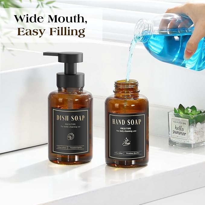 Luxspire Foaming Soap Dispenser, Glass Foam Pump Soap Dispenser, Non-Slip Hand Soap Bottle with 5 Waterproof Labels, 15 Oz Refillable Liquid Soap Bottle for Bathroom & Kitchen, Amber, 2 Pack