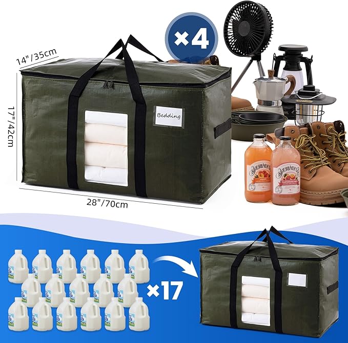 4 Pack Green Extra Large Storage Bags, Heavy Duty Totes with Visible Window