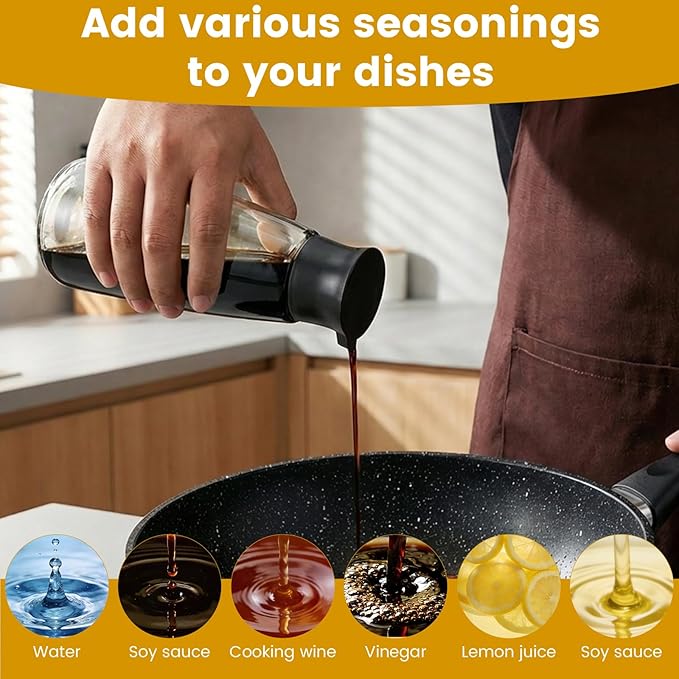 Chef’s Precision Pour Glass Oil & Vinegar Cruet, 9.6oz Kitchen Glass Soy Sauce Dispenser Bottle with Dripless Spout & Vacuum Pouring for Olive Oil, Soy Sauce, BBQ - for Countertop, Cooking, Gifting