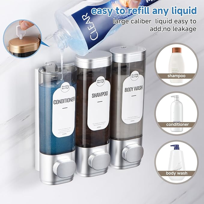 Shampoo and Conditioner Dispenser, Refillabe Shower Soap Dispensers 3 Chamber No Drill Shampoo Dispenser for Shower Wall Mounted 3 * 300ml Container for Bathroom Hotel (Sliver 3 Chamber)
